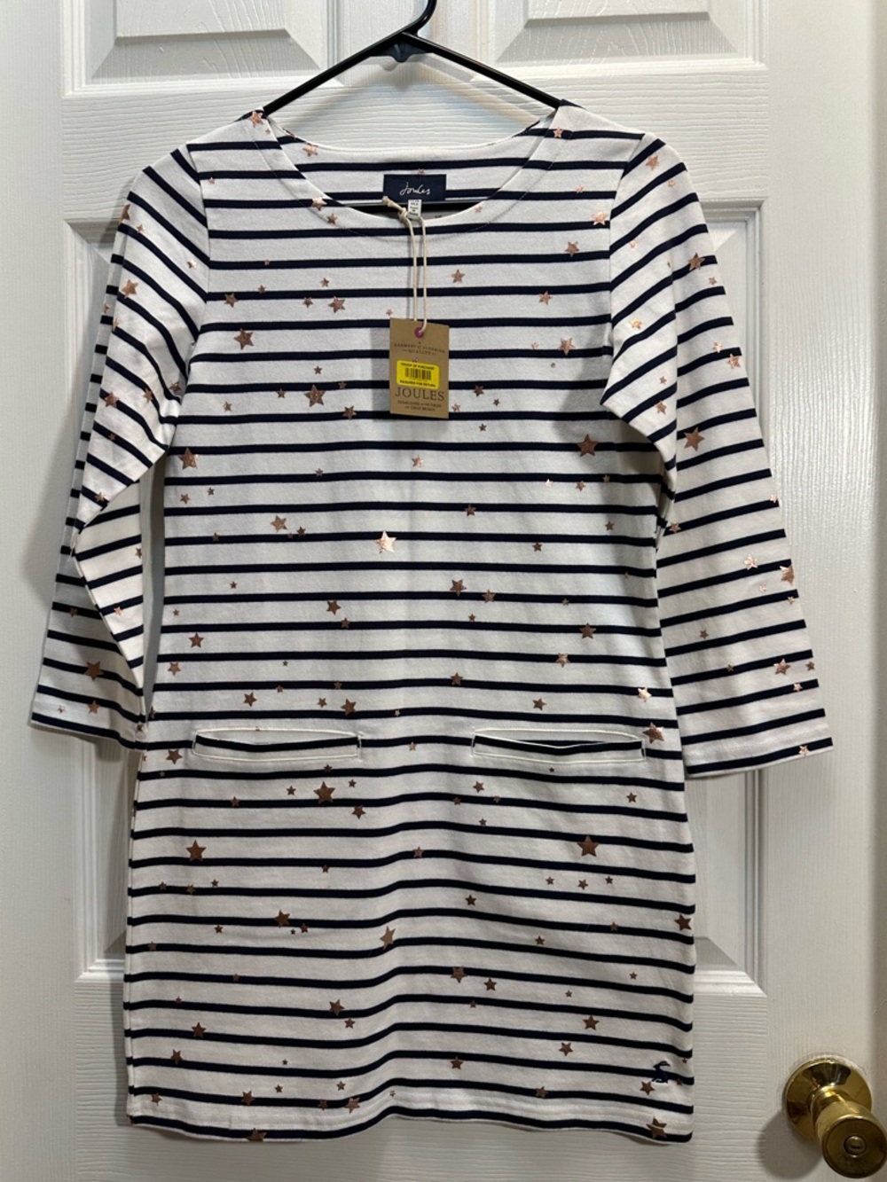 Joules Navy and White Stripe Dress with Metallic Gold Stars